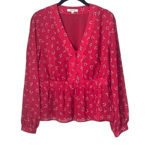 Madewell V-Neck Peplum Top Sz Medium Red Little Lilies Print Long Sleeve Peplum